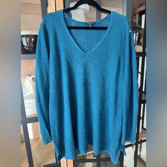 Eileen Fisher linen sweater tunic top plus size teal cotton organic vneck loose - Picture 7 of 7
